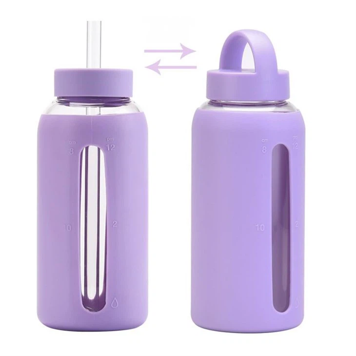 Glass Water Bottle With Silicone Sleeve And Straw 2 option cap